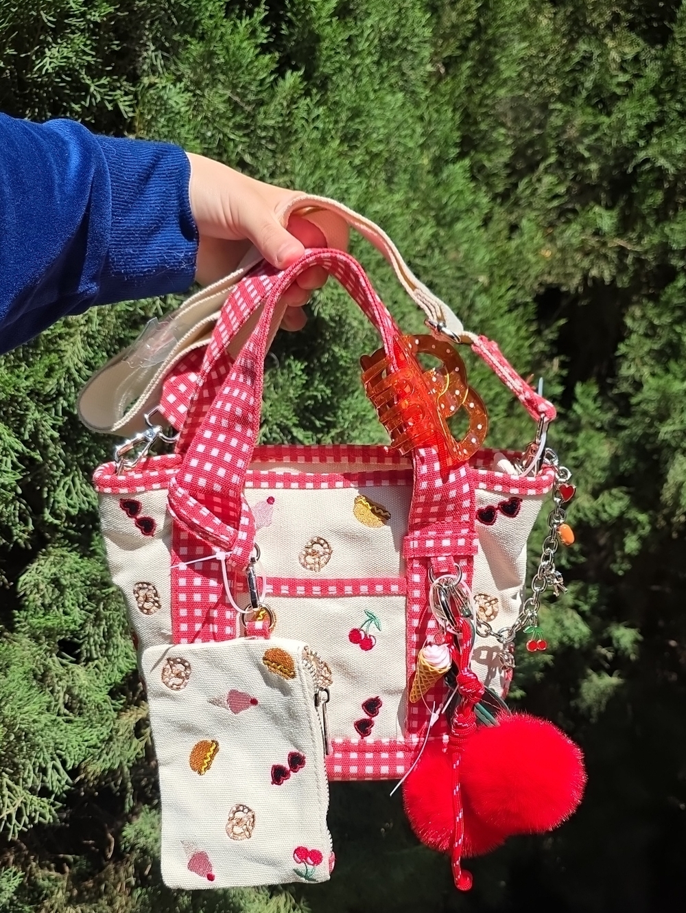 Stylish Red Gingham Tote with Cherry & Sweets Embroidery